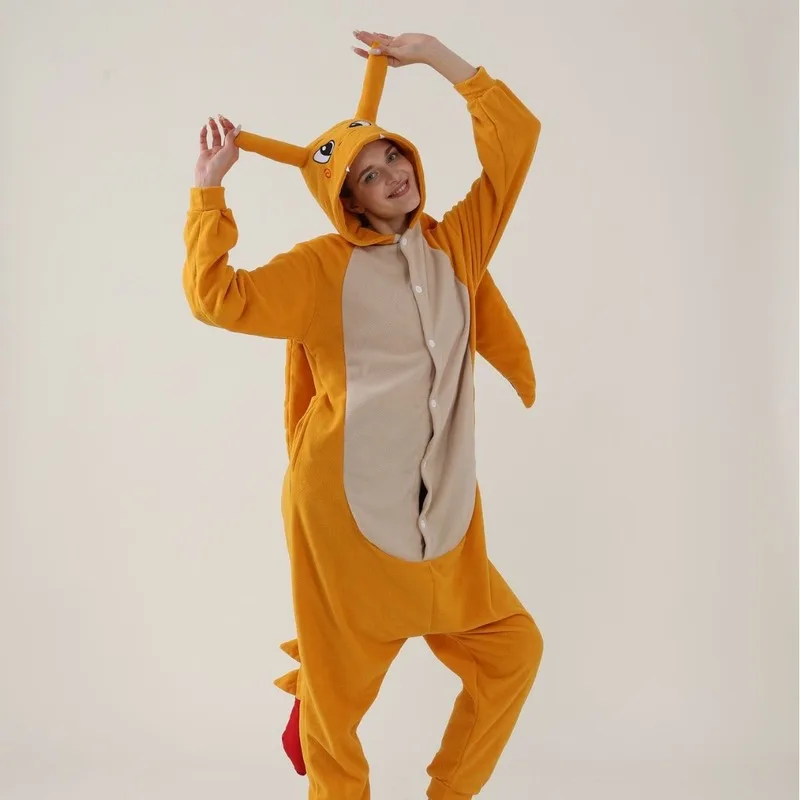 Cartoon Charizard Jumpsuit Pajamas Polar Fleece Onesie Plush Sleepwear Men Women Home Clothing Cosplay Costume Dracaufeu Glurak