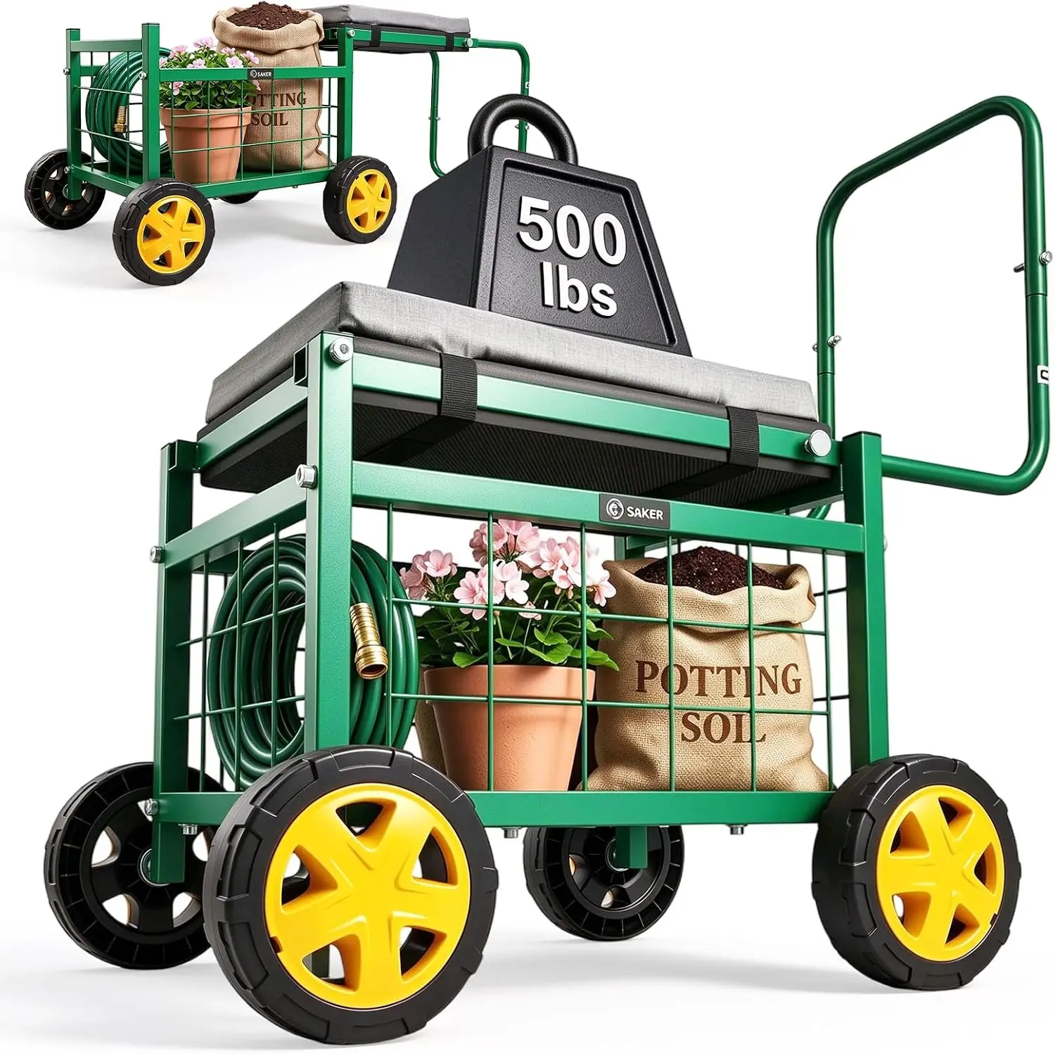 Gardening Rolling Work Seat Cart with Wheels, 15.7