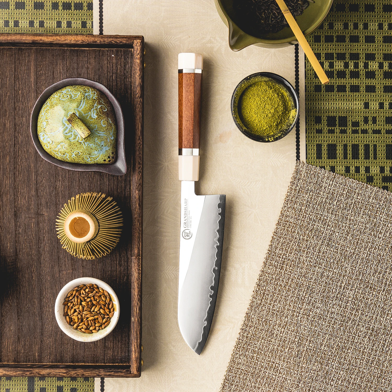 Grandsharp 7''Santoku Knife PM204 Steel Core 3 Layer Composite with Mkuruti Wood Handle Precision Blade for Vegetable Meat Fish