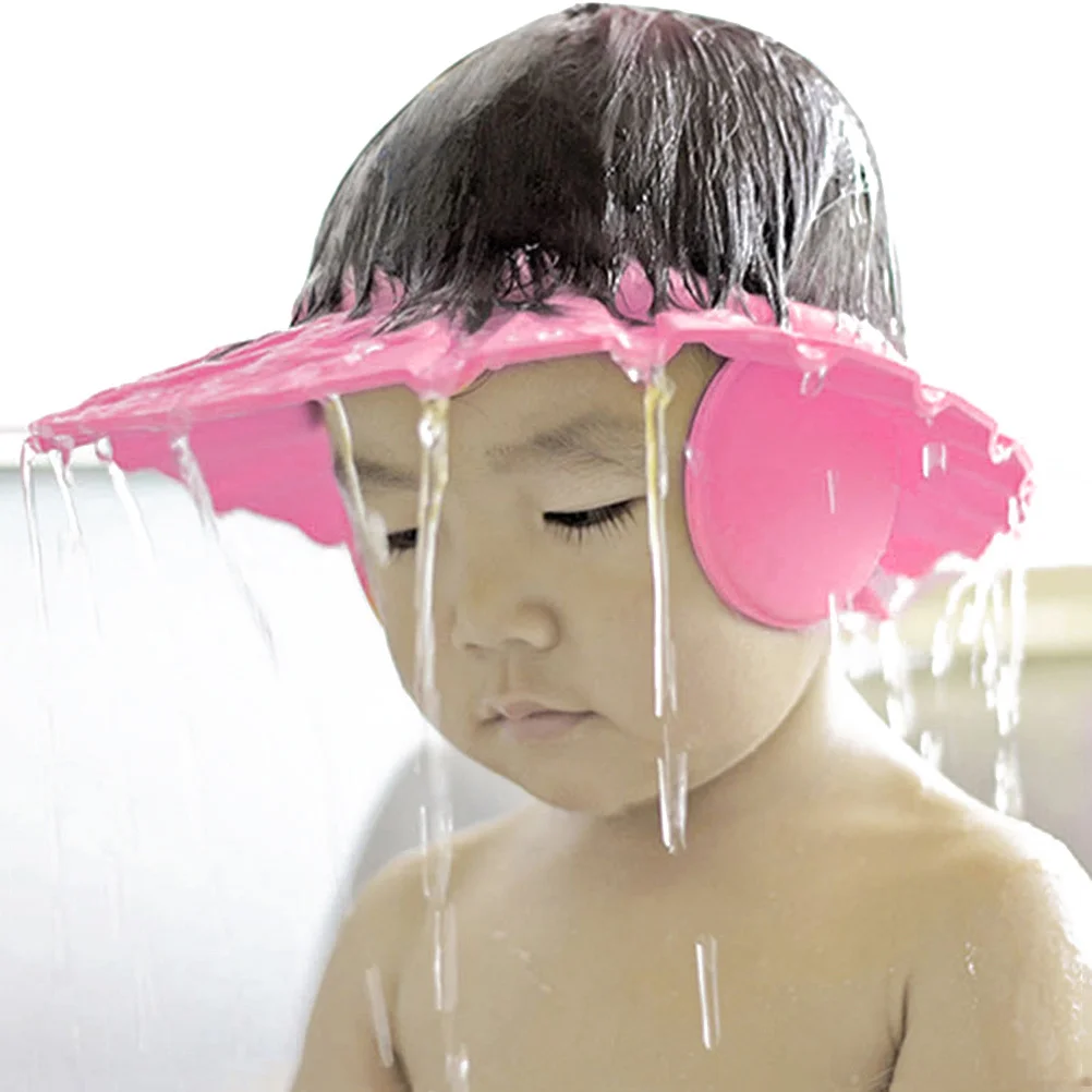 قبعة استحمام للأطفال باللون الوردي مع وسادات أذن قابلة للتعديل - محيط الرأس 55 سم مقاومة للحرارة 80c قبعة استحمام للأطفال