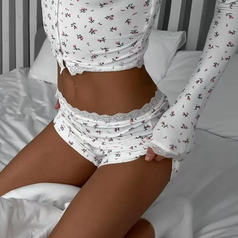 Pyjama-Party 2025, florales, sexy bedrucktes Pyjama-Set, enges, langärmliges Oberteil, Shorts, kann als Heimkleidung trägt werden