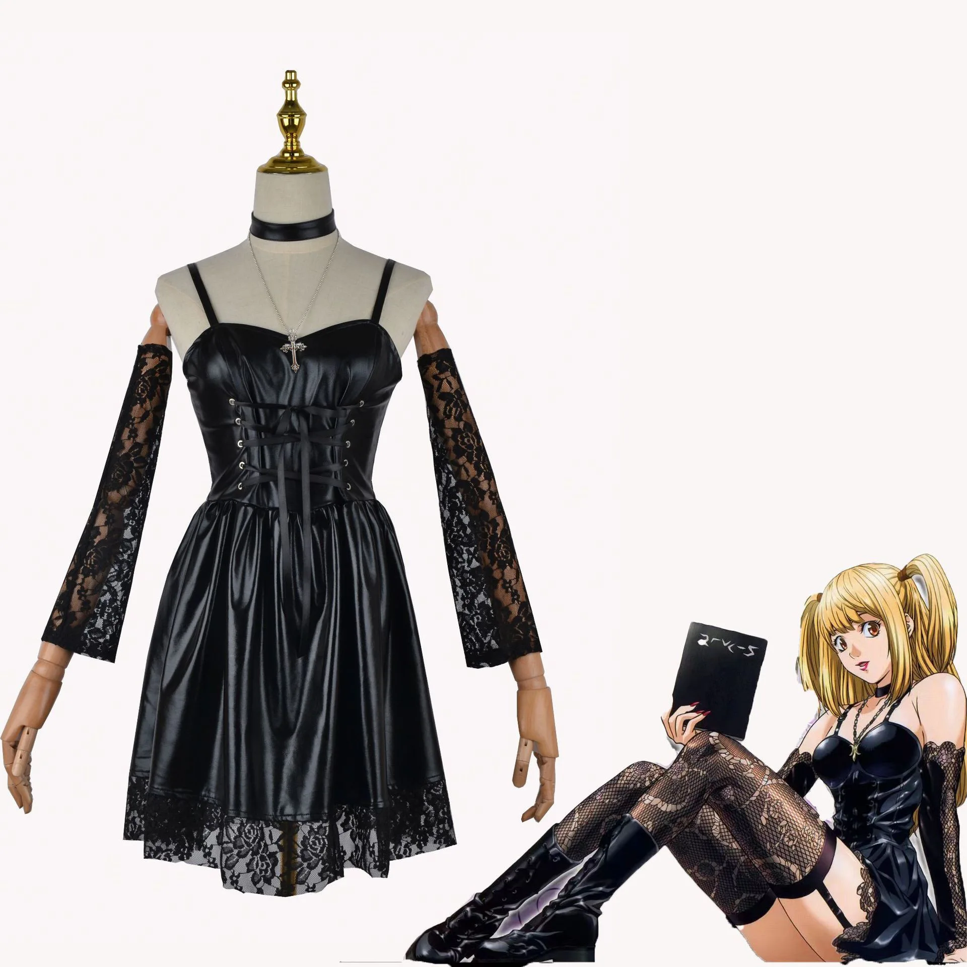 ชุดเดรสเซ็กซี่ชุดคอสเพลย์ผู้หญิงหนังเลียนแบบ Misa Amane + เครื่องประดับคอ + ถุงน่อง + สร้อยคอเครื่องแบบวิกฮาโลวีน