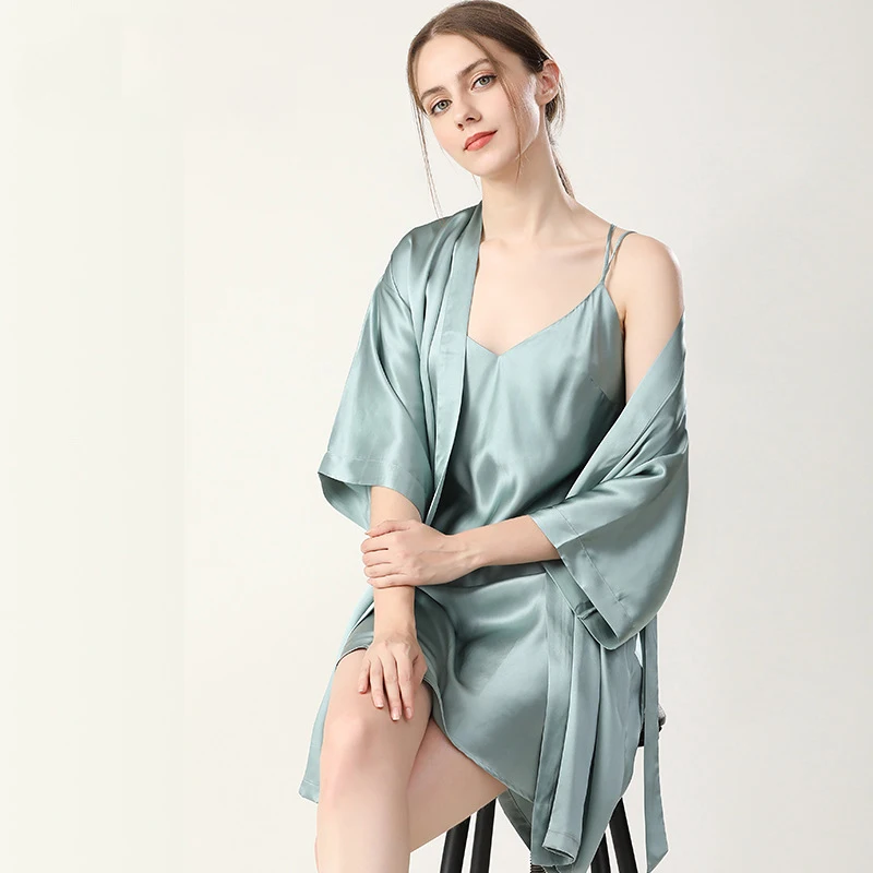 100% Real Silk Pajamas for Women Summer Two-Piece Set Sexy Cami Nightgown & Robe Set Mulberry Silk Sleepwear Autumn Winter