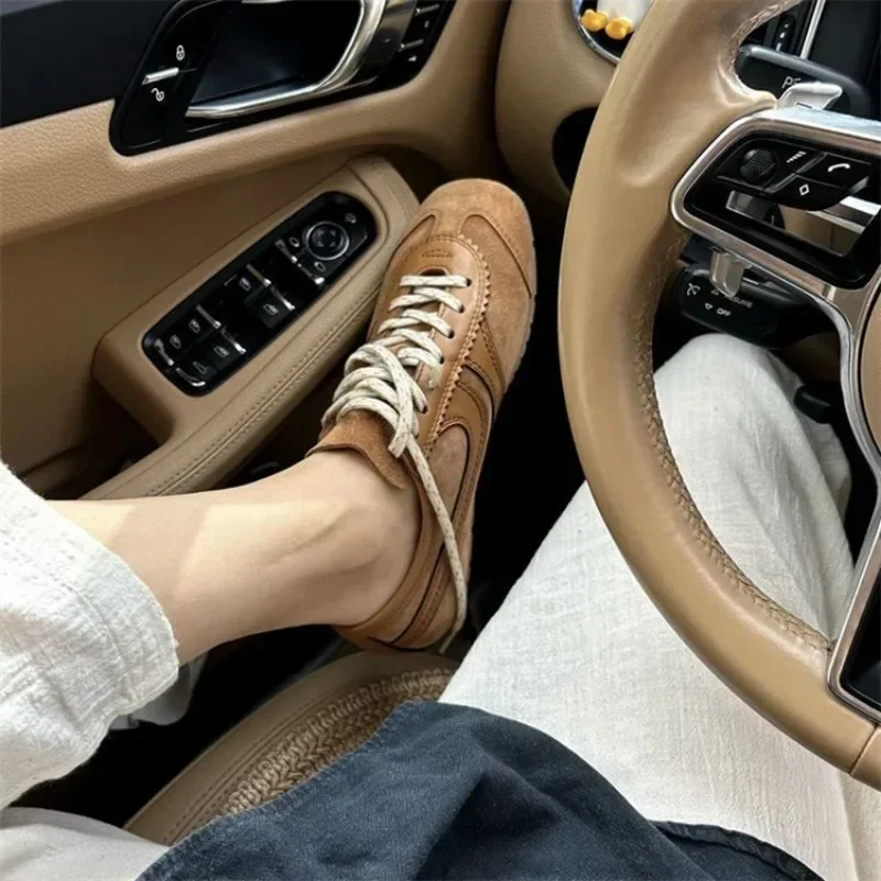 Comfortable European genuine leather high niche retro German training shoes women summer breathable flat sole sports board shoes