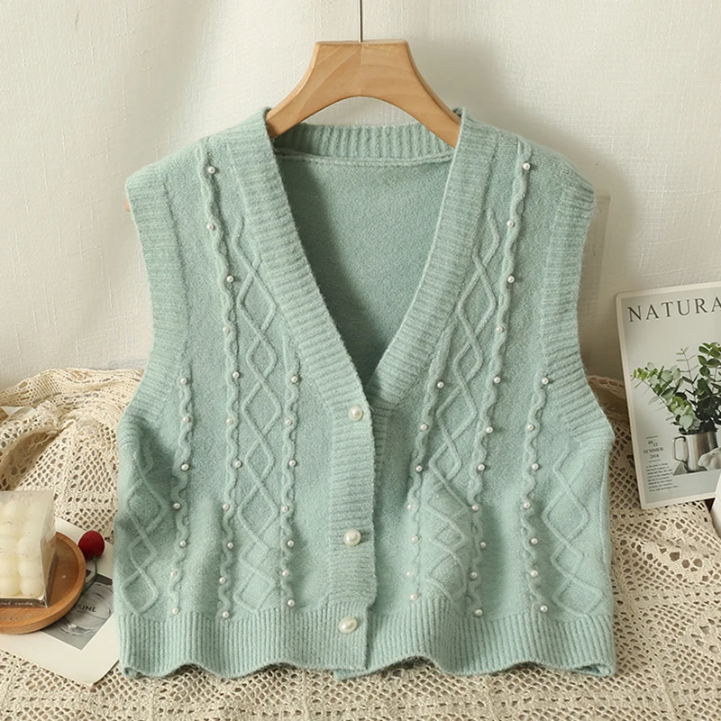 HELIAR Women V-Neck Cardigan Knitted Vest Sleeveless Buttons Up Beading Pearls Solid Waistcoat Casual Sweater Vest Fall Winter