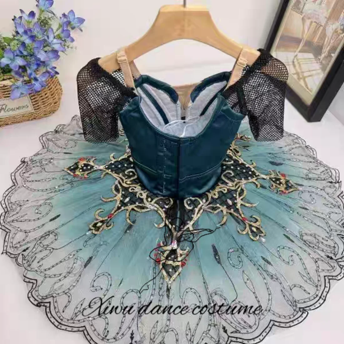 زي أداء الباليه للبالغين، تنورة توتو زرقاء متدرجة باللون الأخضر الزمردي الداكن #3