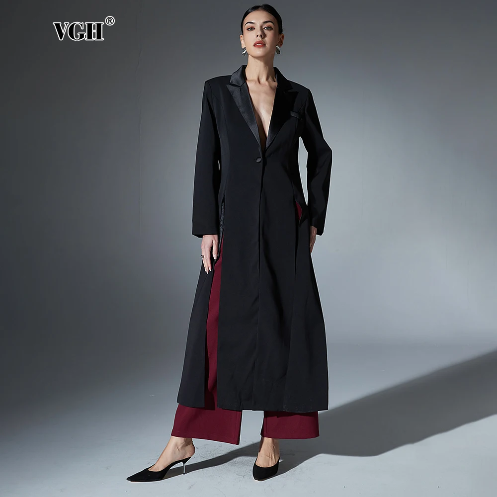 VGH, Blazers minimalistas lisos sueltos con abertura para mujer, cuello con muescas, manga larga, botón de retales, abrigos elegantes de calle alta para mujer, nuevo