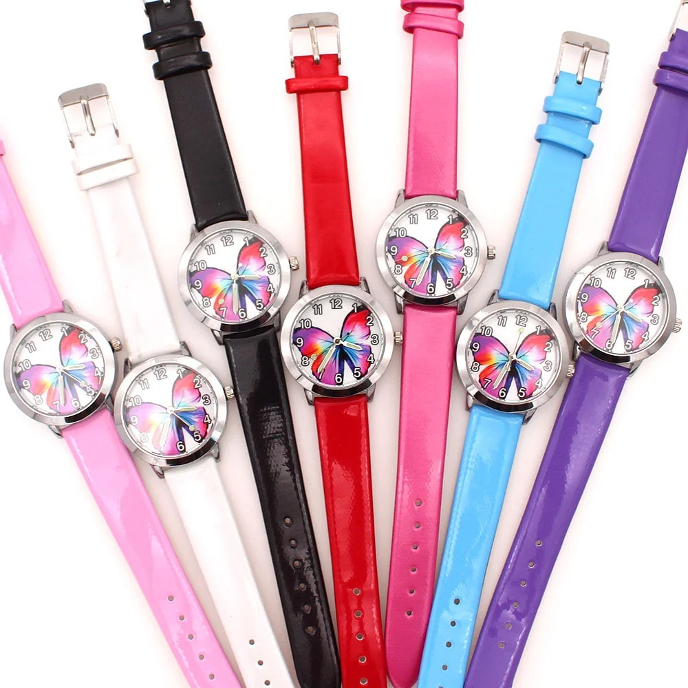 7Pcs Colorful Butterfly Girls Quartz Wristwatches Fashion Cartoon Leather Watch for Children Students