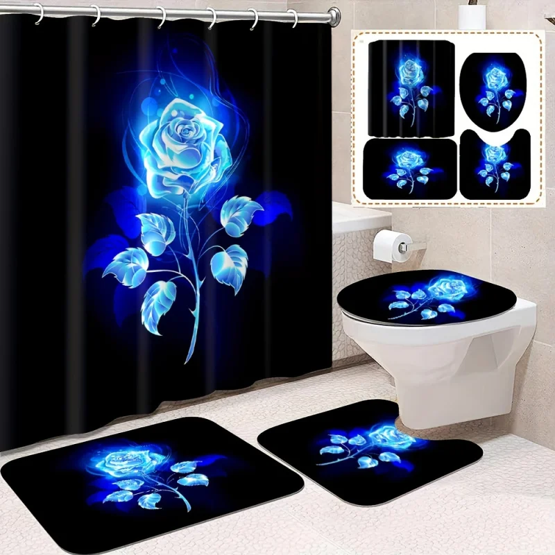 1/4pcs Rose Pattern Shower , Polyester Waterproof Curtain with 12 Hooks, Blue Siren, Black Background Floral Print D