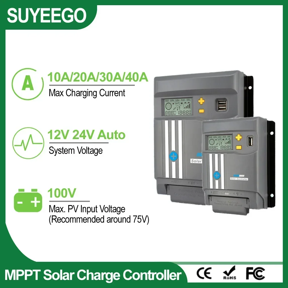 MPPT 10A 20A 30A 40A Solar PV Regulator 12V 24V Auto Solar Battery Charge Controller Dual USB LCD Display for Lithium LifePo4