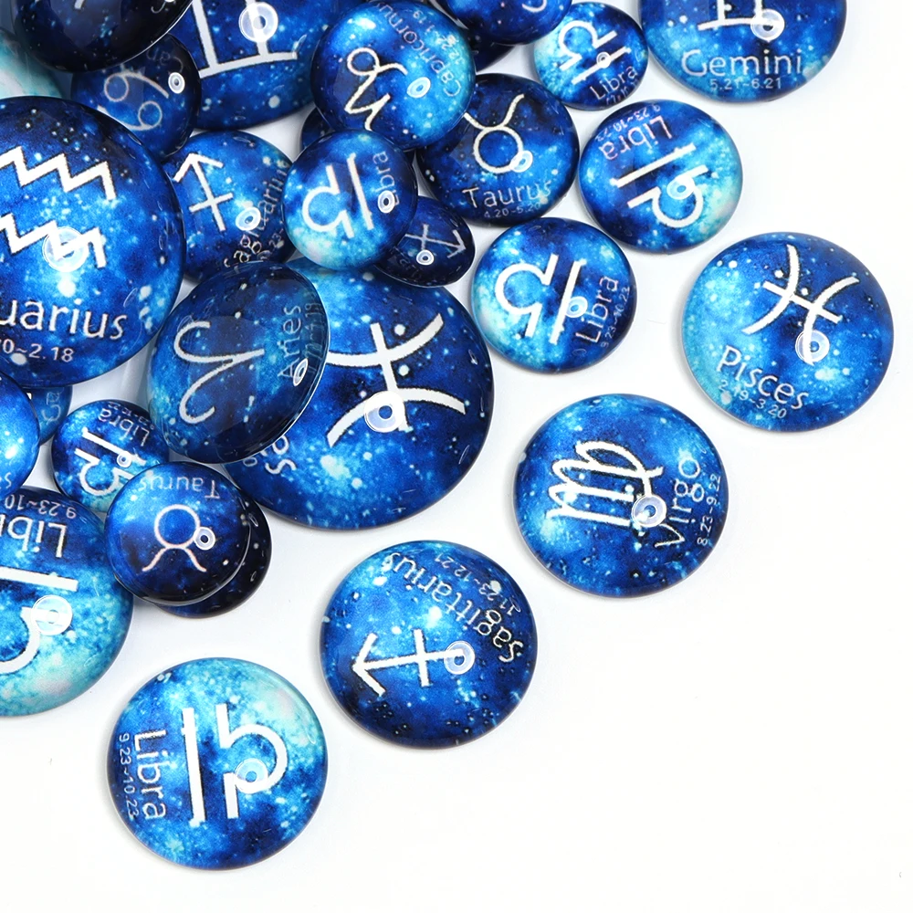 

10Pcs Blue Twelve Constellation Pattern Glass Cabochon Beads 10-25mm Round Flatback Glass Cameo for DIY Jewelry Making Accessory