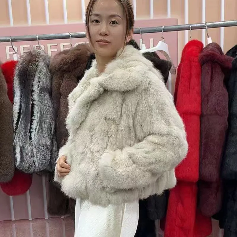 Lady Real Rabbit Fur Coat Jacket 2025 New Korean women Black Fashion Winter Warm Luxury natural fur clothes