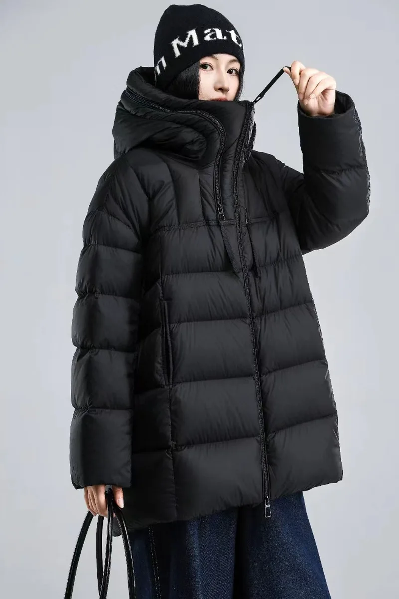 Winter Solid Hooded Mid Length Down Jacket Women 90% White Duck Down Loose Down Jacket Female Warm Double Zipper Parker Outwears