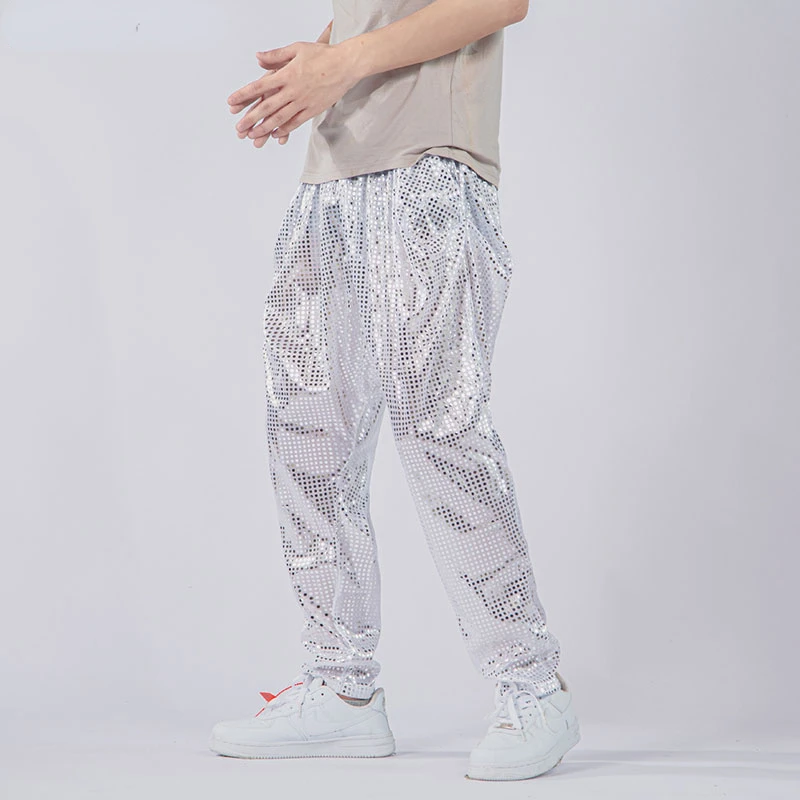 

Mens Shiny White Sequin Dance Streetwear Jogger Sweatpants Hip Hop Disco Party Trousers Men Nightclub Festival Prom