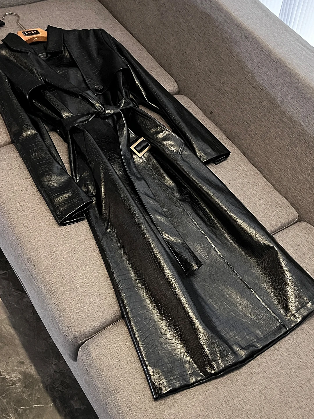 

Bla Leather Long Coat Commute Faion Outerwear with Belt Briti Sle Simple Ele Women's Windbreaker Long Sve Z206