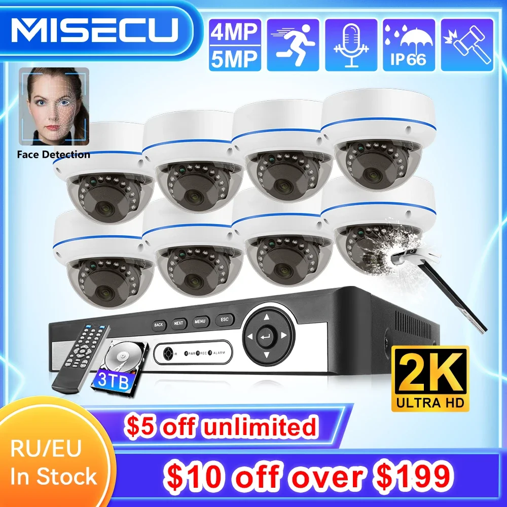 MISECU 8CH 5MP 4MP Dome POE Security Camera Kit H.265NVR Face Detect Indoor Motion Detect CCTV Vision Record Surveillance System