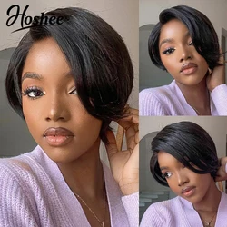 Peluca de cabello humano liso con encaje Frontal, corte Bob Pixie corto, color negro, 13x4x0,5, HD, prearrancado, brasileño