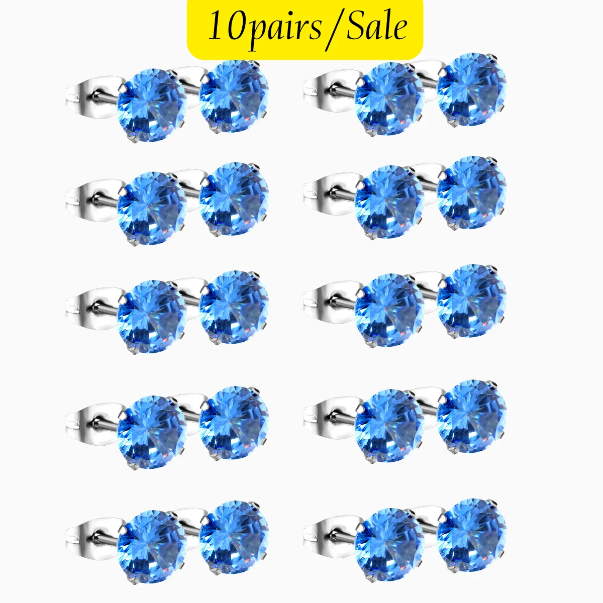 

LUXUKISSKIDS 10pairs/Sale Bulk Stud Earrings Shiny Light Blue 7mm 4 Claws Cubic Zirconia Woman Men Piercing Steel Jewelry Gift