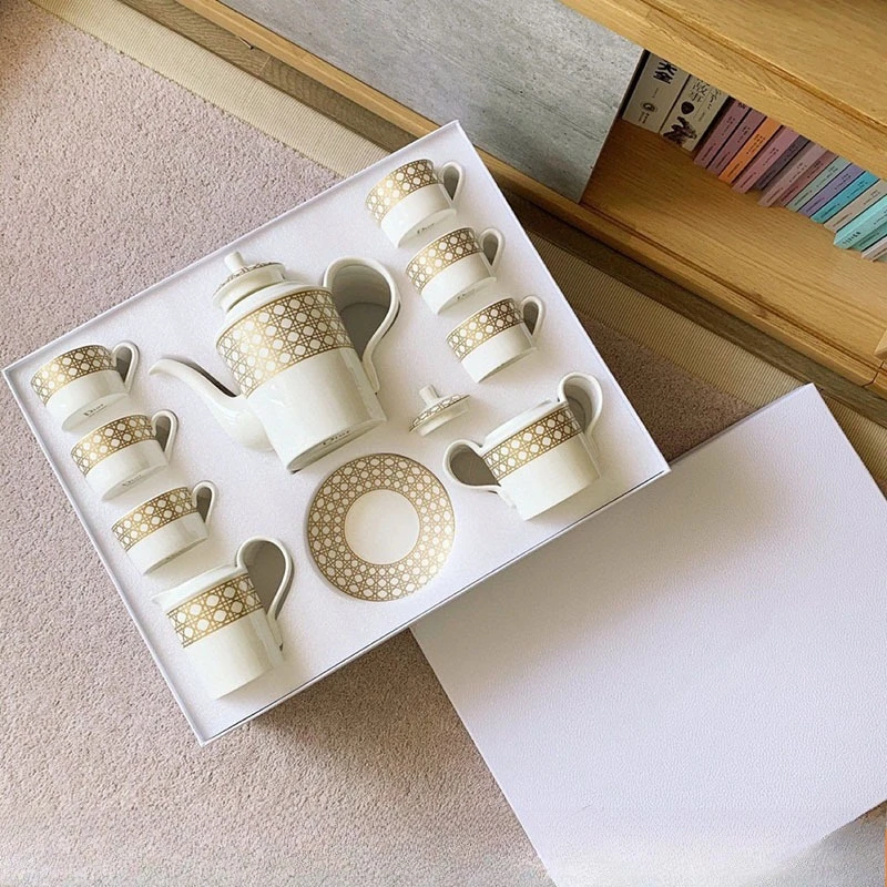 Rattan grid series 15-head bone china coffee tea set 3 pots 6 cups 6 plates household gifts wholesale