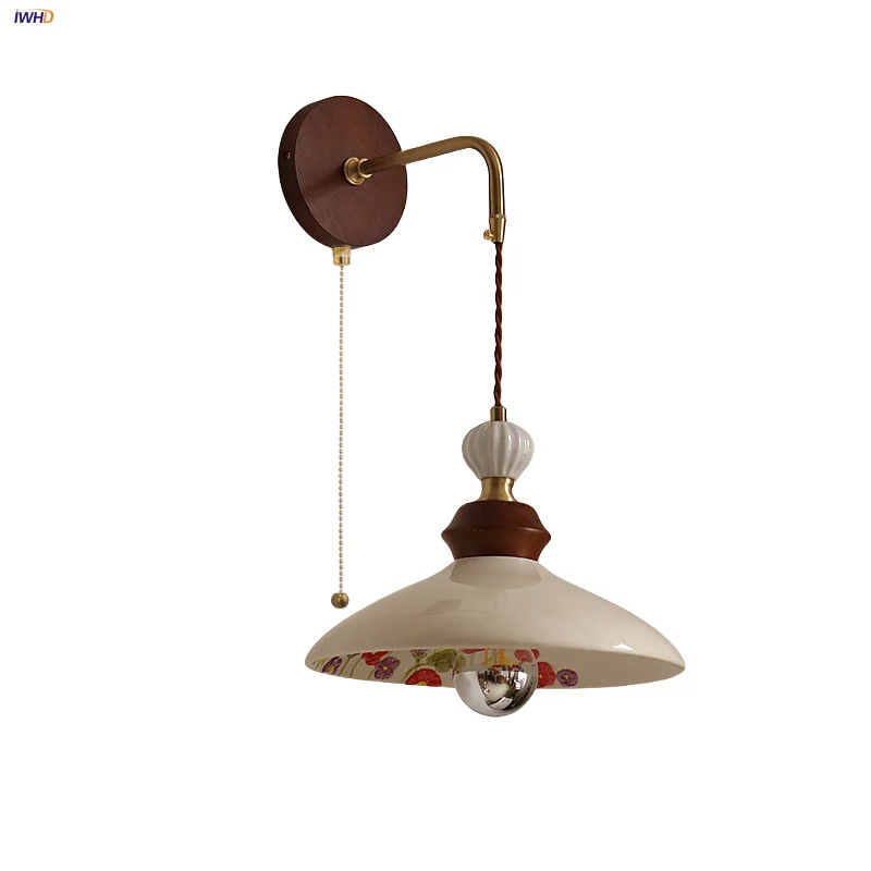 

IWHD Hand-drawn Ceramic LED Wall Light Fixtures Copper Pull Chain Living Room Cafe Hallway Wood Base Nordic Modern Bedside Lamp