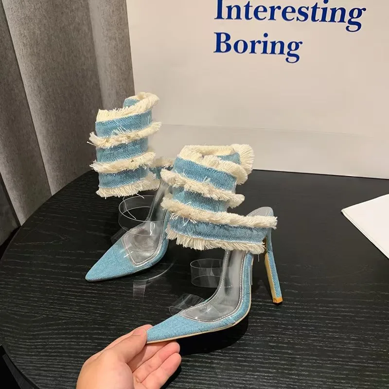 

Women's Shoes Luxury French Banquet High Heels Designer Shoes for Women Fashion Open Toed Sandals Sexy Denim High Heel Sandals