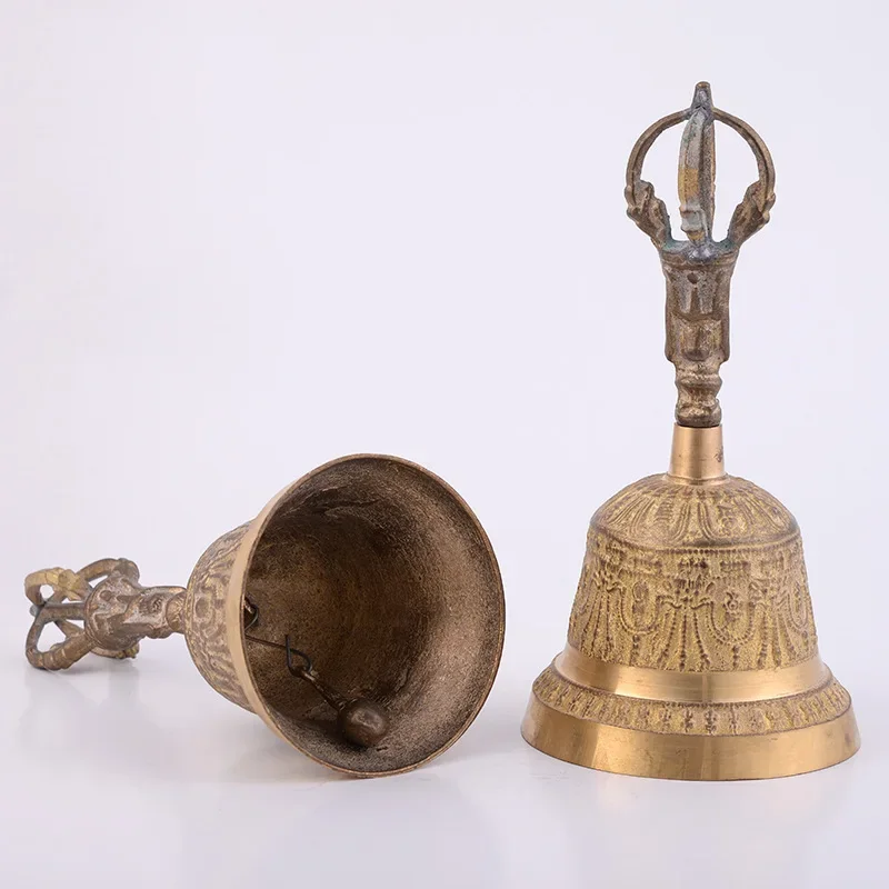 FengShui Loud Call Meditation Hand Bell Lucky Dinner Prayer Alarm Portable Desktop Tea Tibetan Buddhist Service Handmade Brass