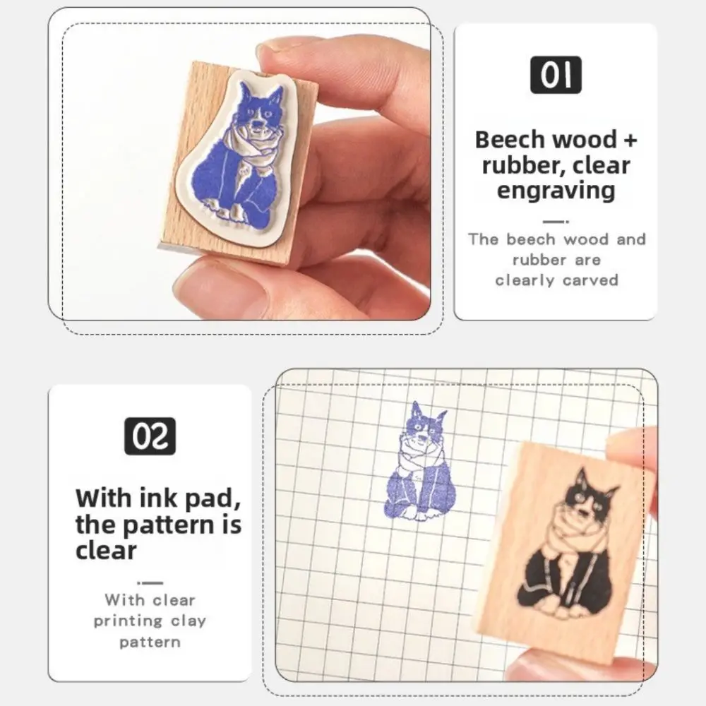 

8pcs New Wooden Stamp Set DIY Crafts Stationery Supplies Hand Carved Stamps Cartoon Cat Journal Stamps for Children