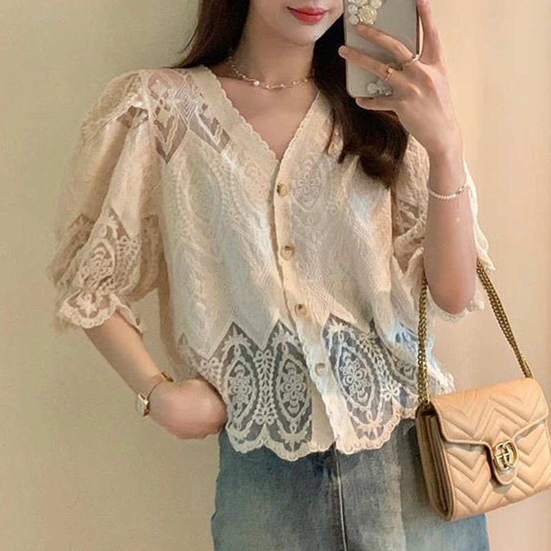 Women Sexy Hollow Lace Sweet Chic Button Up Shirt Female Stylish V Neck Short Sleeve Blouses 2024 Summer Vintage Solid Chic Tops