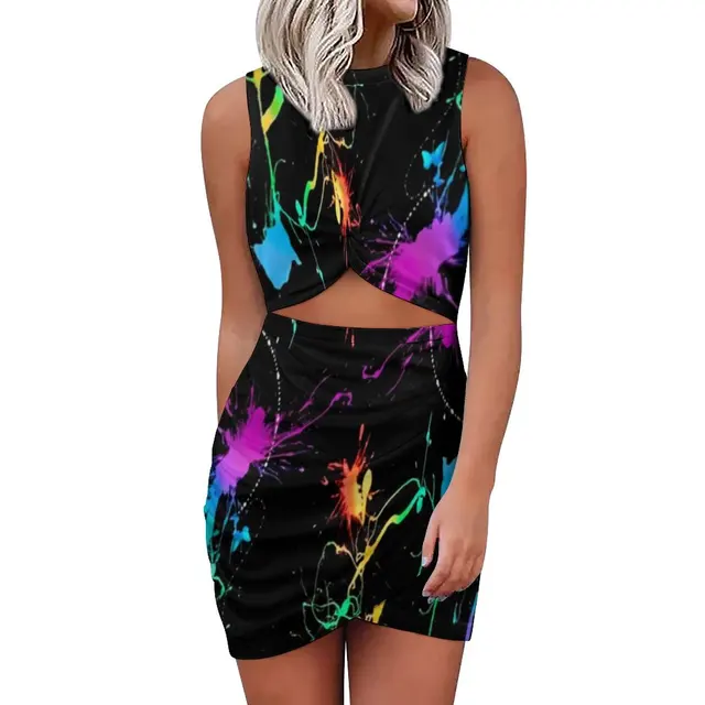 Kolorowe Neon ból Mini sukienka bez rękawów Splatter wzór sukienki Vintage letnie damskie odzież uliczna obcisła sukienka duży rozmiar 5XL