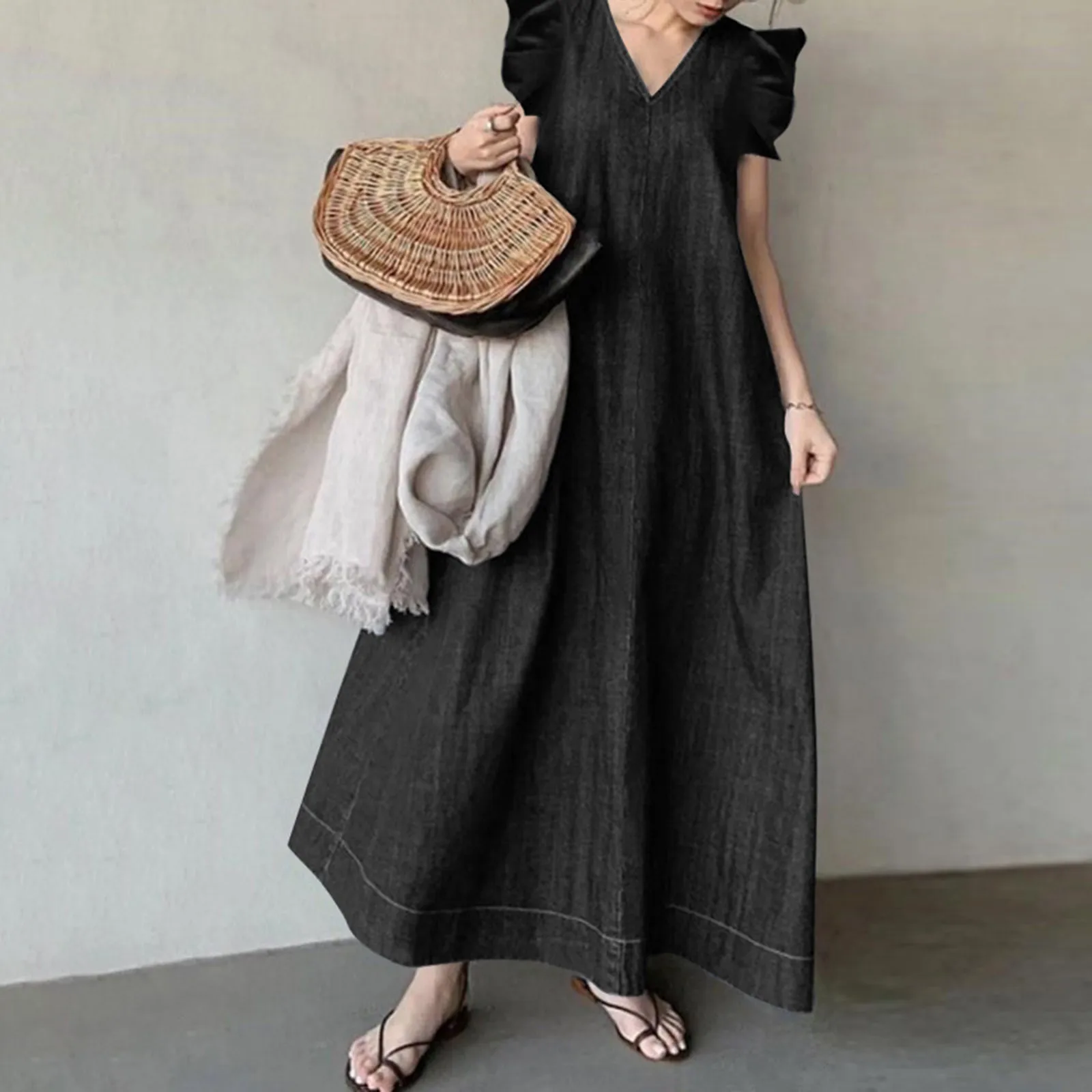 Korean Solid Temperament V Neck Bohemian Loose Size Long Dress Womens Sundresses with Pockets Womens Short Sleeve Tunic Dress