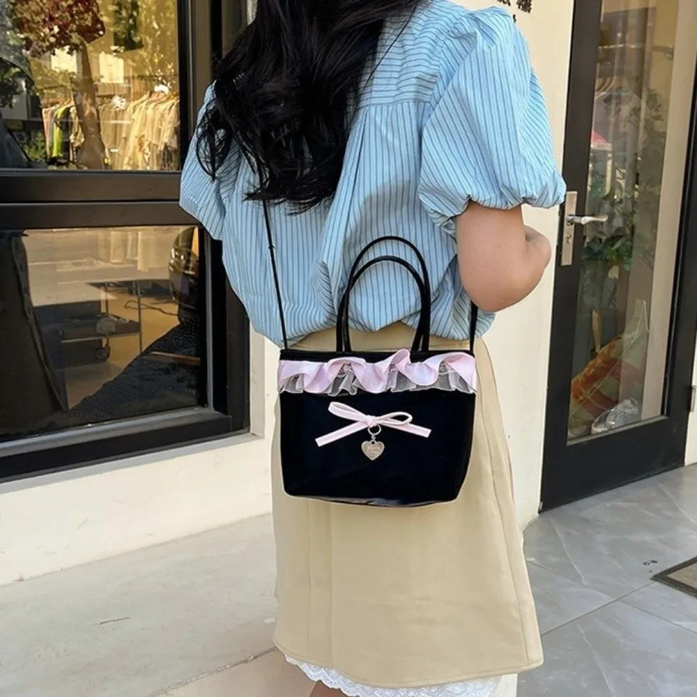 النمط الريفي الدانتيل شعرية حقيبة يد منقوشة الدنيم القوس حقيبة يد الكورية نمط مربع الحلو حقيبة كروسبودي السفر #4