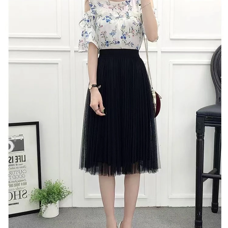 Sping Summer Fashion Korean Women\'s Mesh Skirt Pleated Skirt A- Line High Waist Skirt Woman Skirts Girls New Lace Skirts