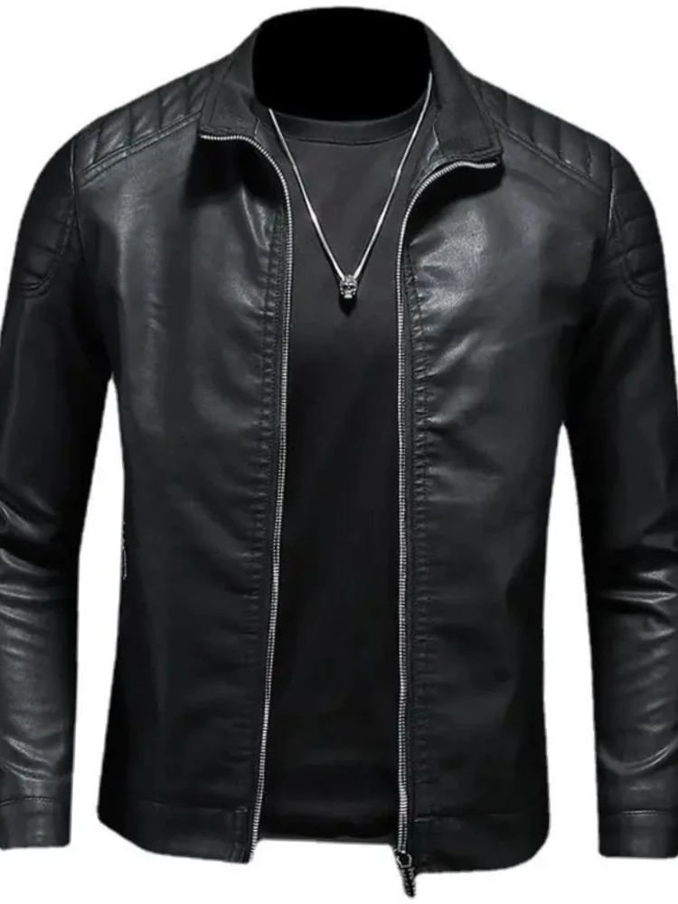 

Wholesale Men's Retro PU Leather Stand Collar Jacket Zippered Coat for Men's Wardrobe Update​