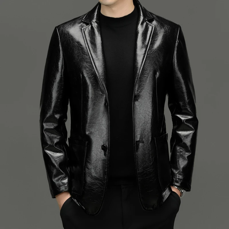 

High-End Black Blazers For Men Sheepskin Genuine Leather Fashion Autumn Top Quality Silky Comfortable Suit Jackets Blazer Hombre