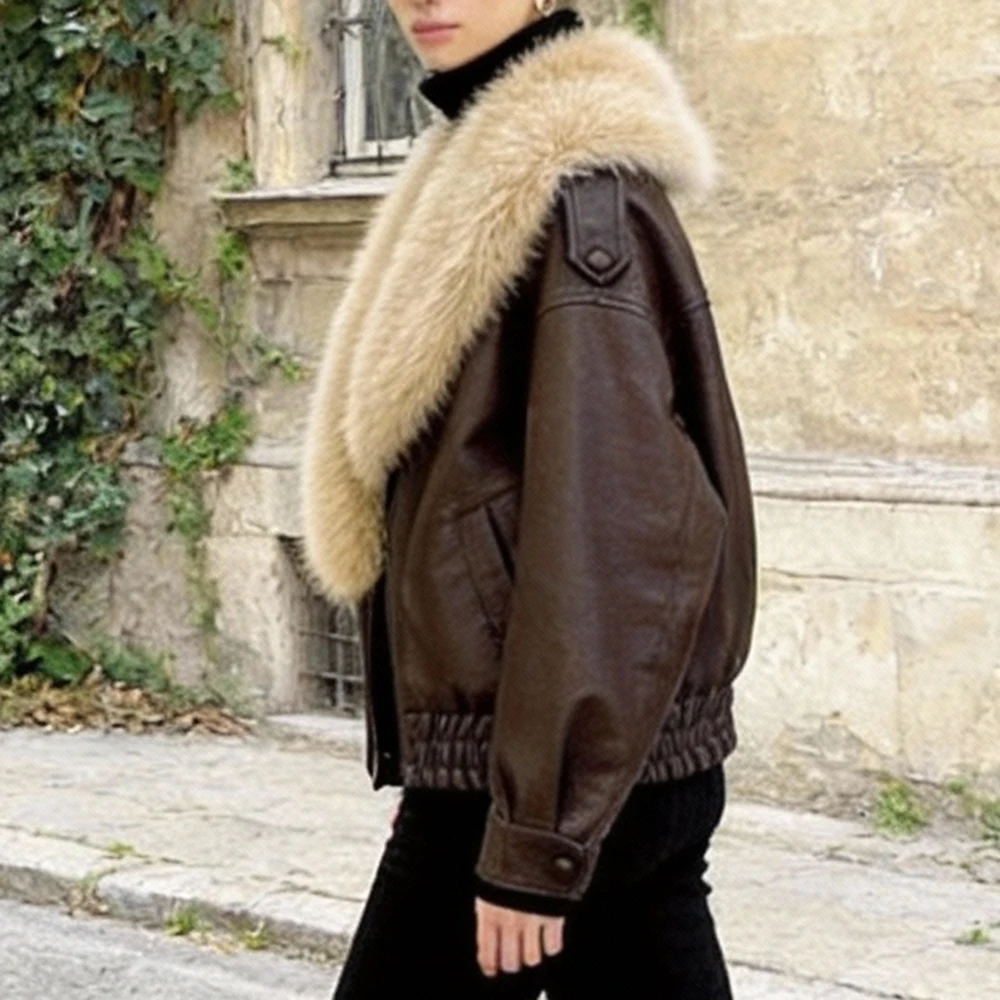 

Женская свободная куртка из искусственной кожи с отстегивающимся воротником из искусственного меха, короткий кожаный блейзер, кожаная куртка-бомбер для женщин