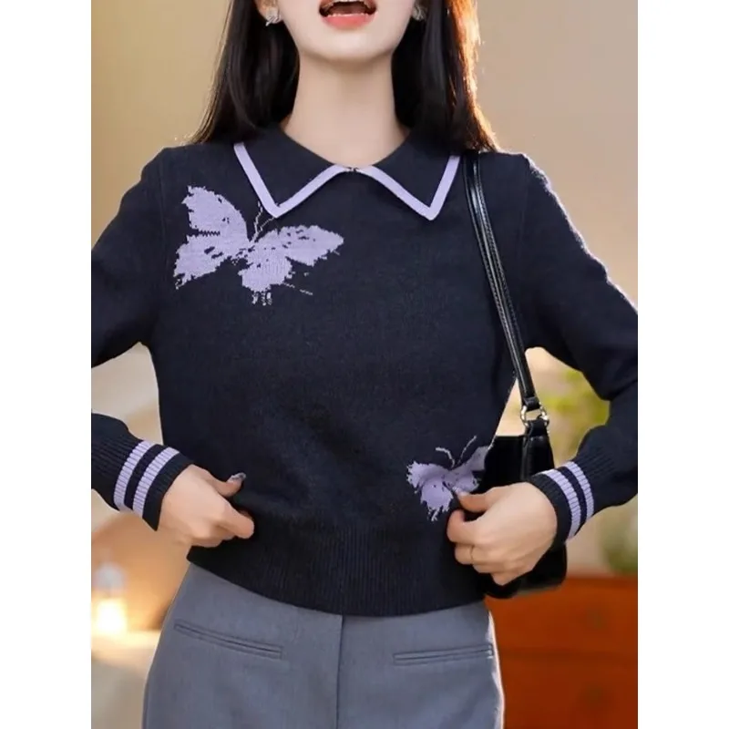 French Blue Temperament Butterfly Polo Neck Knitwear Women's New Autumn and Winter Long Sleeve Pullover Sweater