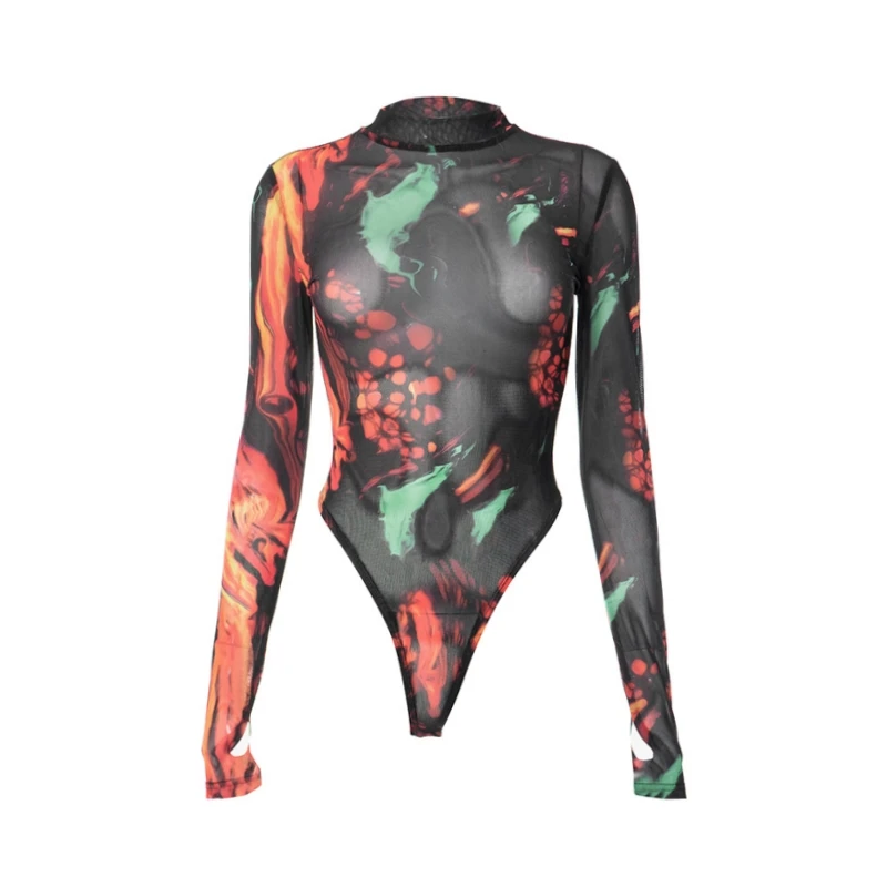 Body Sexy Tie Dye, lencería, corsé de manga larga, Top para mujer, traje Rave de una pieza, lencería ceñida femenina, corpiño transparente