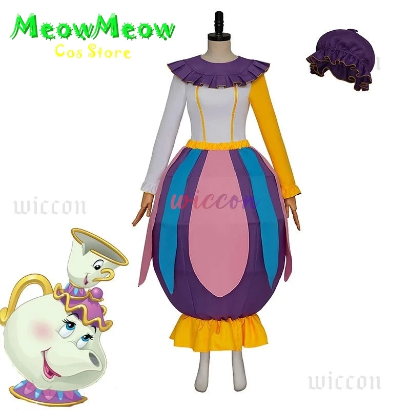 

Tea Pot Mrs Potts Cosplay Long Sleeves Colorful Dress Hat Costume Adult Women Halloween Christmas Party Role Play Clothes