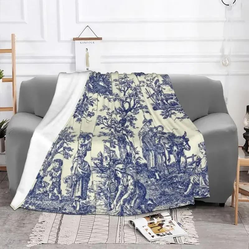 Toile De Jouy Blue Blanket Soft Fleece Autumn Warm Flannel French Navy Blue Motif Throw Blankets for Sofa Home Bed Bedspread