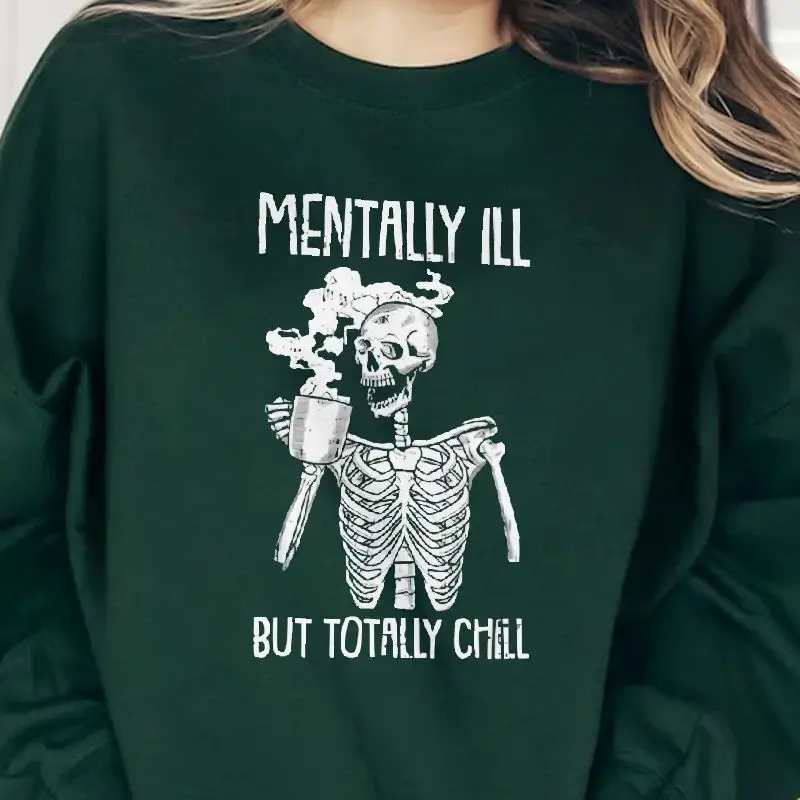 

Sweatshirt Long Sleeves Stylish Pullover Y2K Graphic Hoodies Crew Neck Unisex Casual Daily WearFunny Skull Print Totally Chill