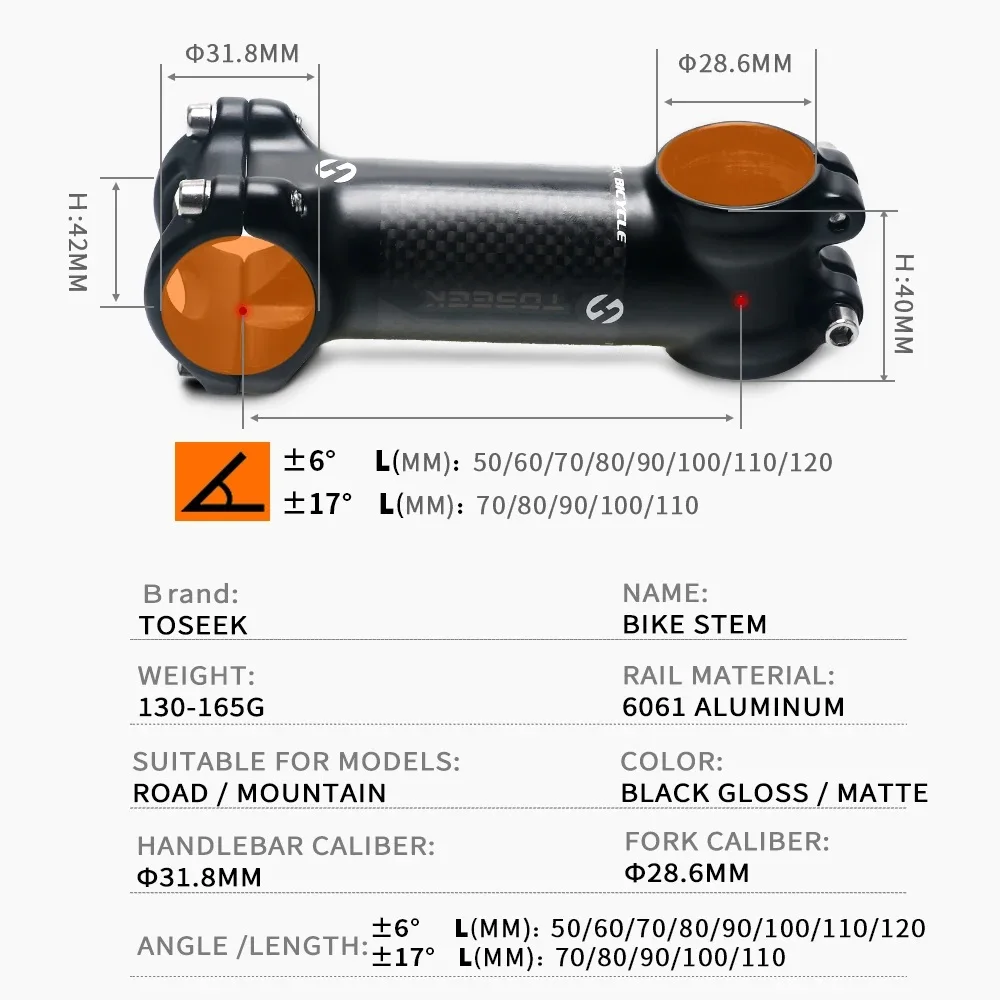 TOSEEK-Alumínio e Carbono Bicicleta Guiador Stem, MTB Stem, Peças sobressalentes para bicicleta, Ângulo 6 17, 28.6-31.8mm