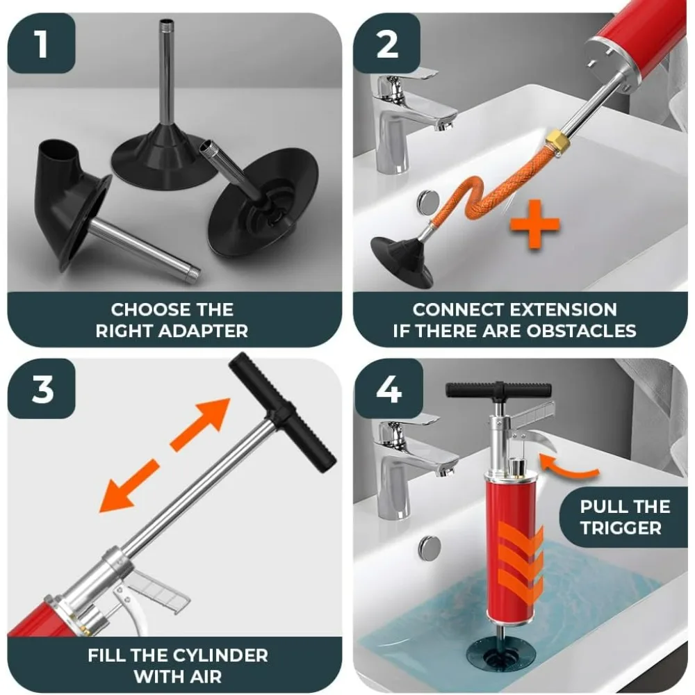 Blaster de drenagem XXL com acessórios duplos - êmbolo de ar de alta pressão de 100 PSI para bloqueios severos