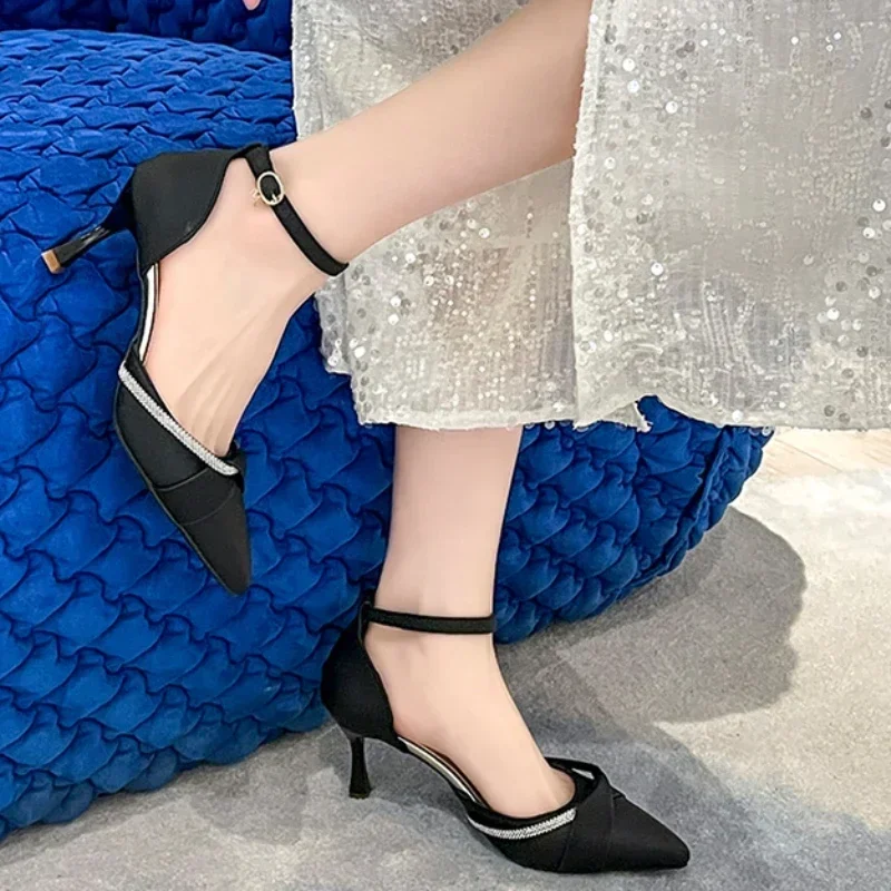 2024 Pointed Toe Women Shoes Thin Heels Closed-toe Mid Heel Wedding Party Sandals Casual Shoes Elastic Zipper Trim Fashion Style