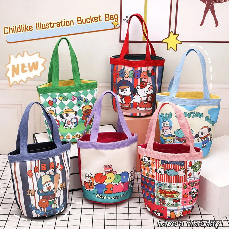 Casual Canvas Bucket Bag Tote Women Handbags Cartoon Print Lunch Bag Shopper Bag School Bag