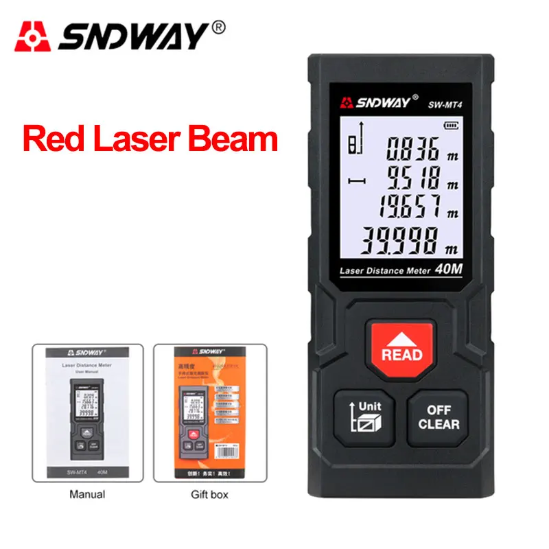 SNDWAY Nauwkeurige laserafstandsmeter 40M 80M Lasermeetlint Digitale Roulette met afstand / gebied / volume / zelfkalibratie