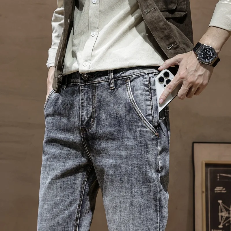 Nostalgia washed cat beard process retro jeans ricamati uomo slim gamba dritta American fashion youth pantaloni lunghi