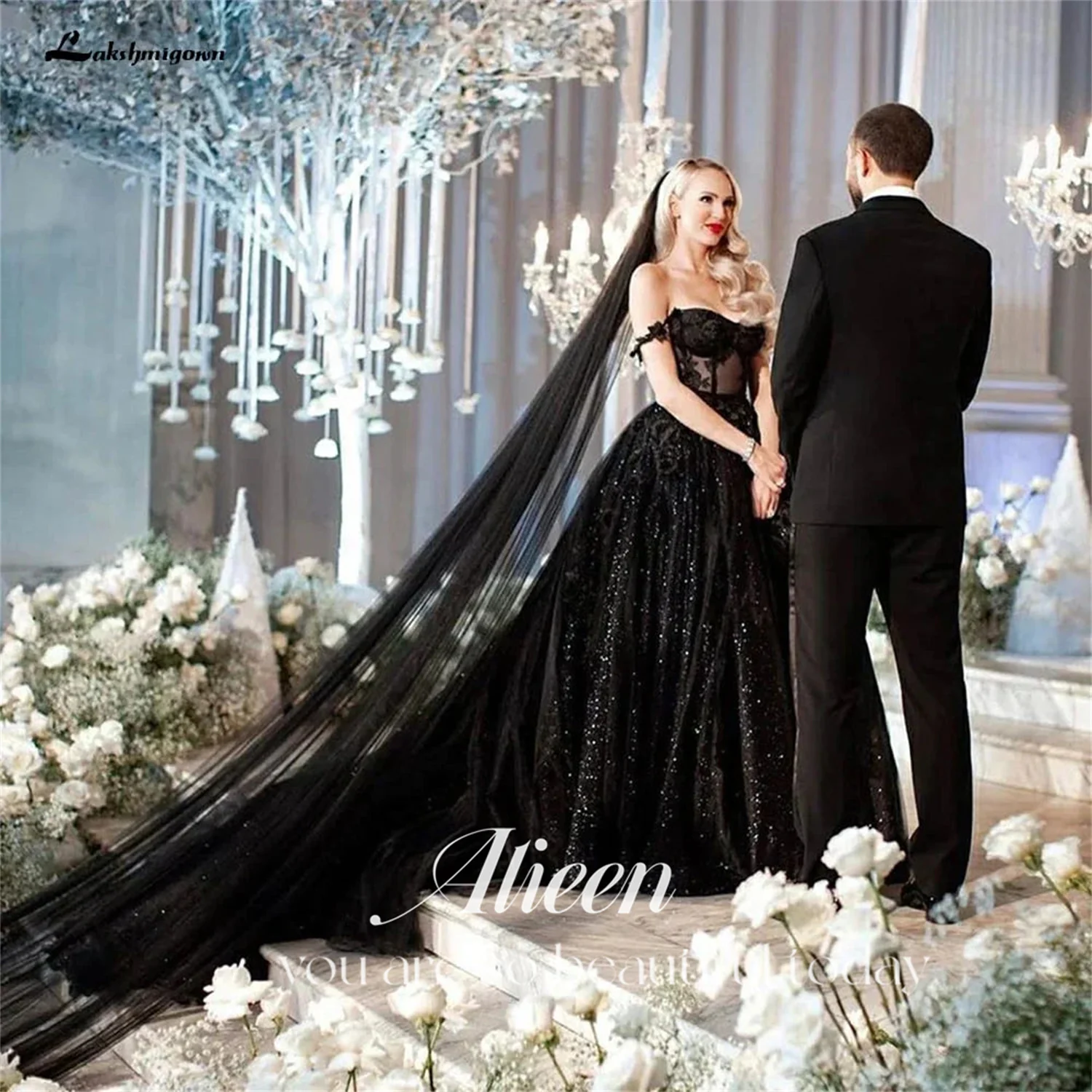 

Aileen Sweetheart Wedding Dress Black Long Tail Shiny Sharon Happy Evening Dresses 2024 Luxury Robe De Soiree Femmes Party Prom