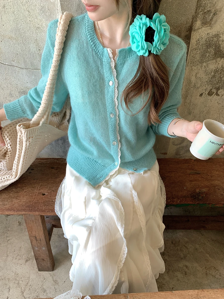 

Женский вязаный кардиган Ay Snow Blue с кружевом, легкий, приятный к телу, с длинными рукавами, V-образным вырезом, на пуговицах, повседневный стиль