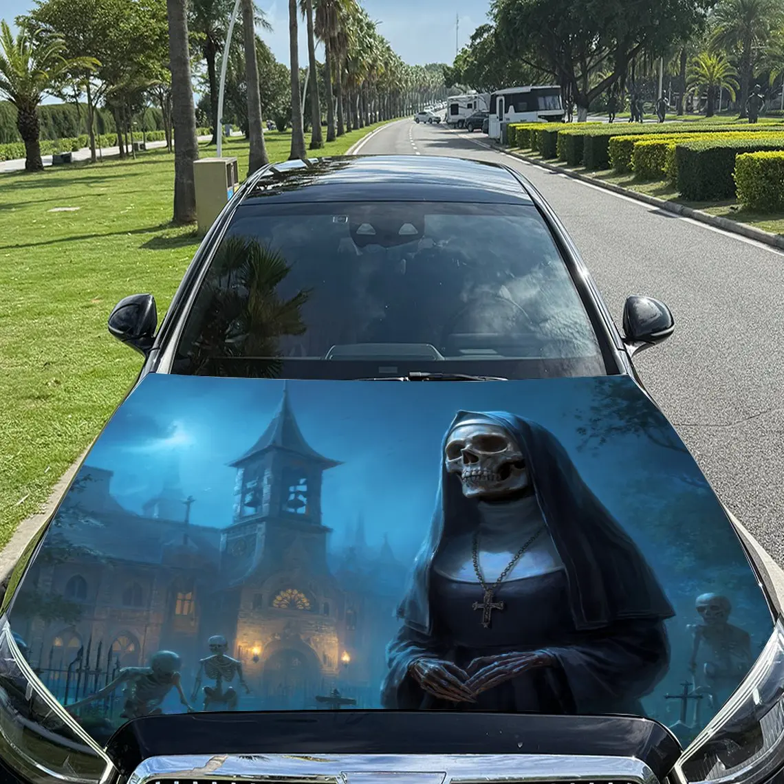 

Ancient Castle Skull Nun Pattern car hood stickers, waterproof self-adhesive, scratch resistant, easy to stick, durable car PVC