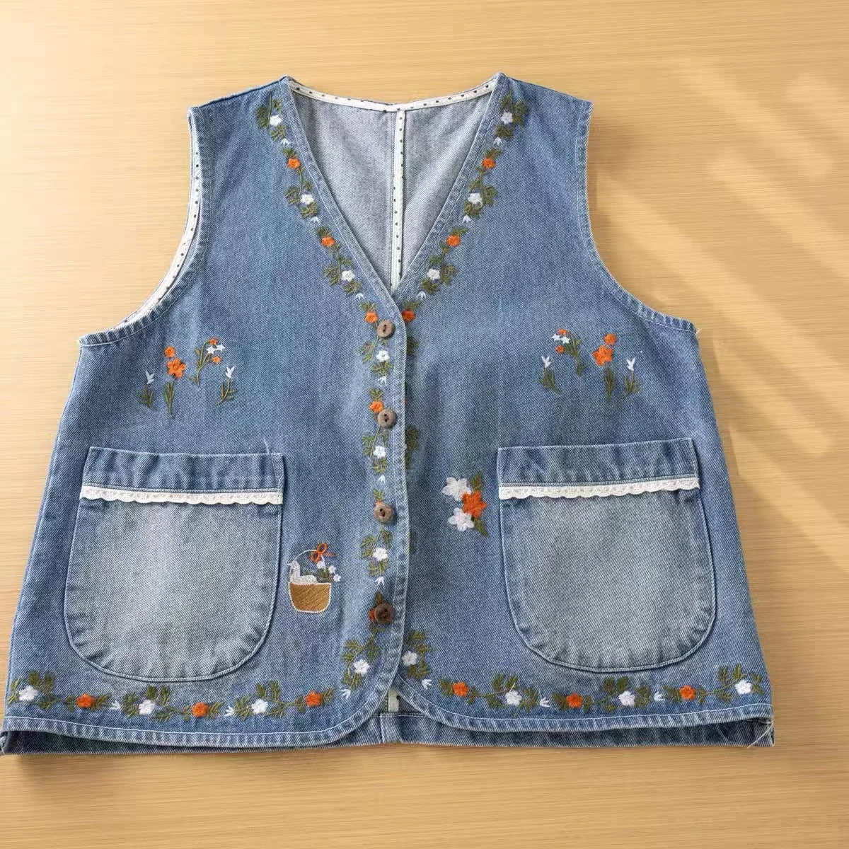 

Mori kei fashion denim vest for women autumn spring Japan style flowers embroidery denim waistcoat sleeveless coat